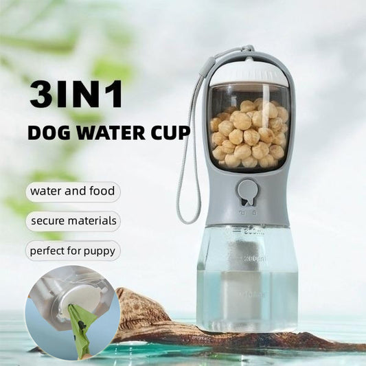 3-in-1 Portable Dog Travel Bottle - Water, Food, and Waste Bag Dispenser